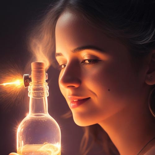 La luz apagada de una mujer cara mujer con botella alcohol Asarex