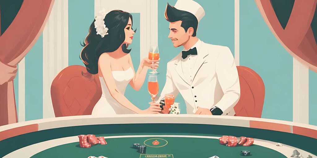 Como el casino, no va más, pareja jugando y bebiendo asino